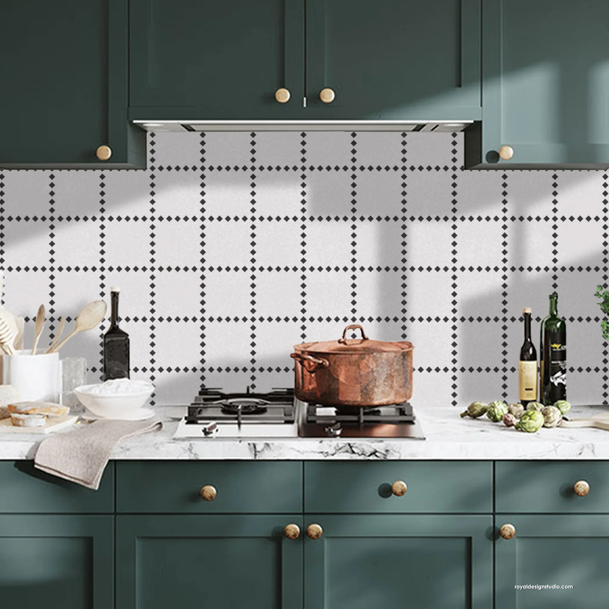 Modern kitchen with wall stencil backsplash, white tiled backsplash, and marble countertops.