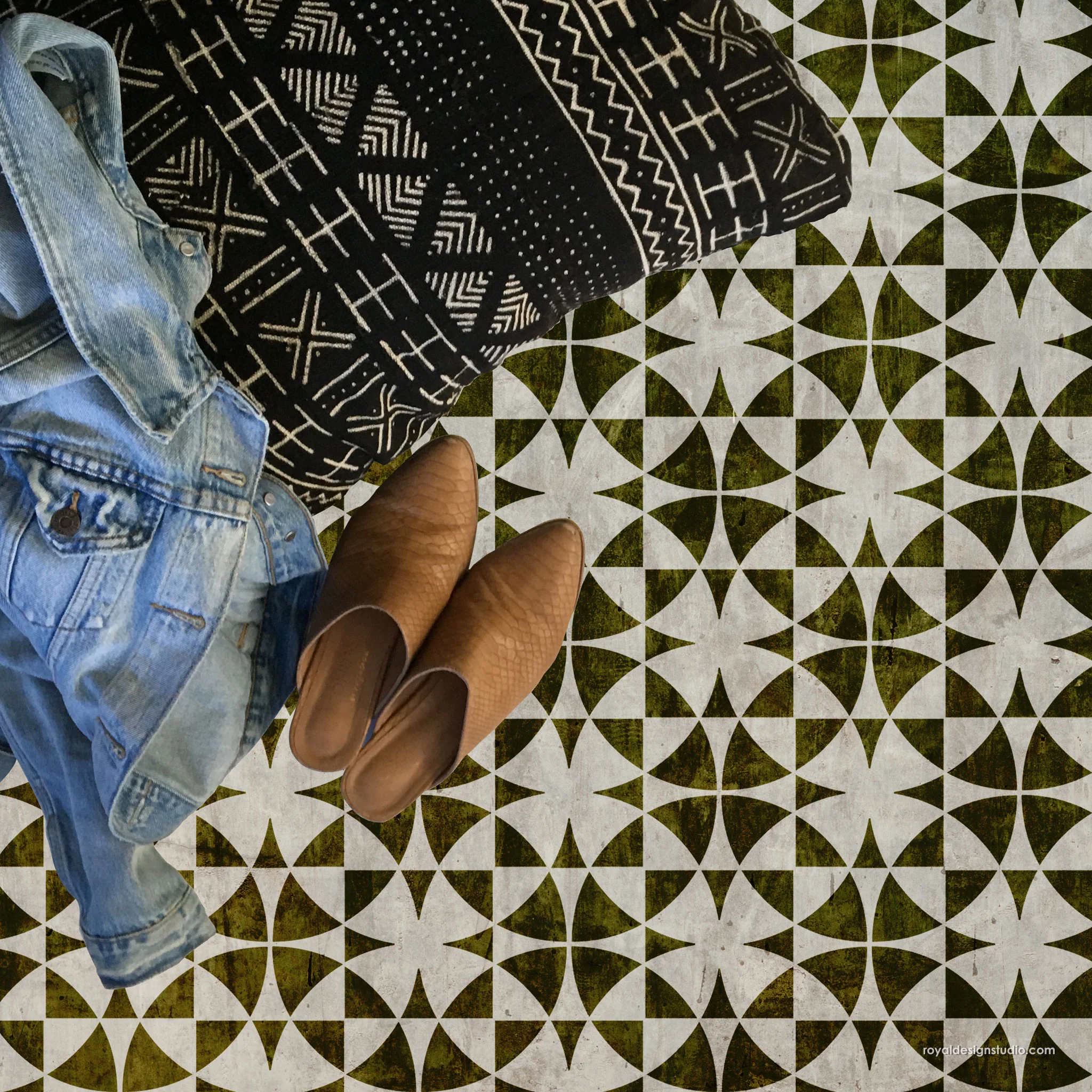 Black and white geometric floor stencil pattern for painted floors