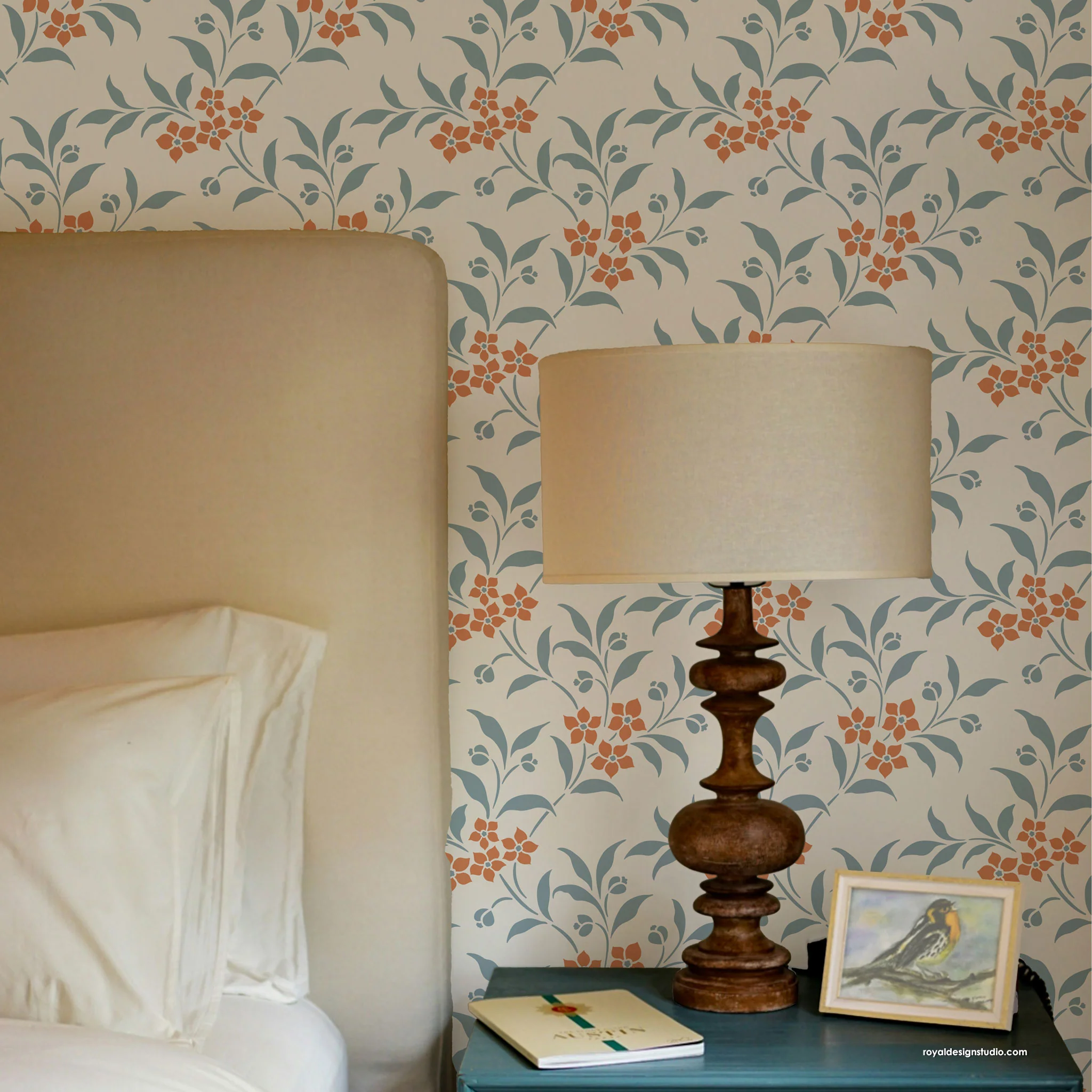 Pretty floral vine wall stencil in two paint colors