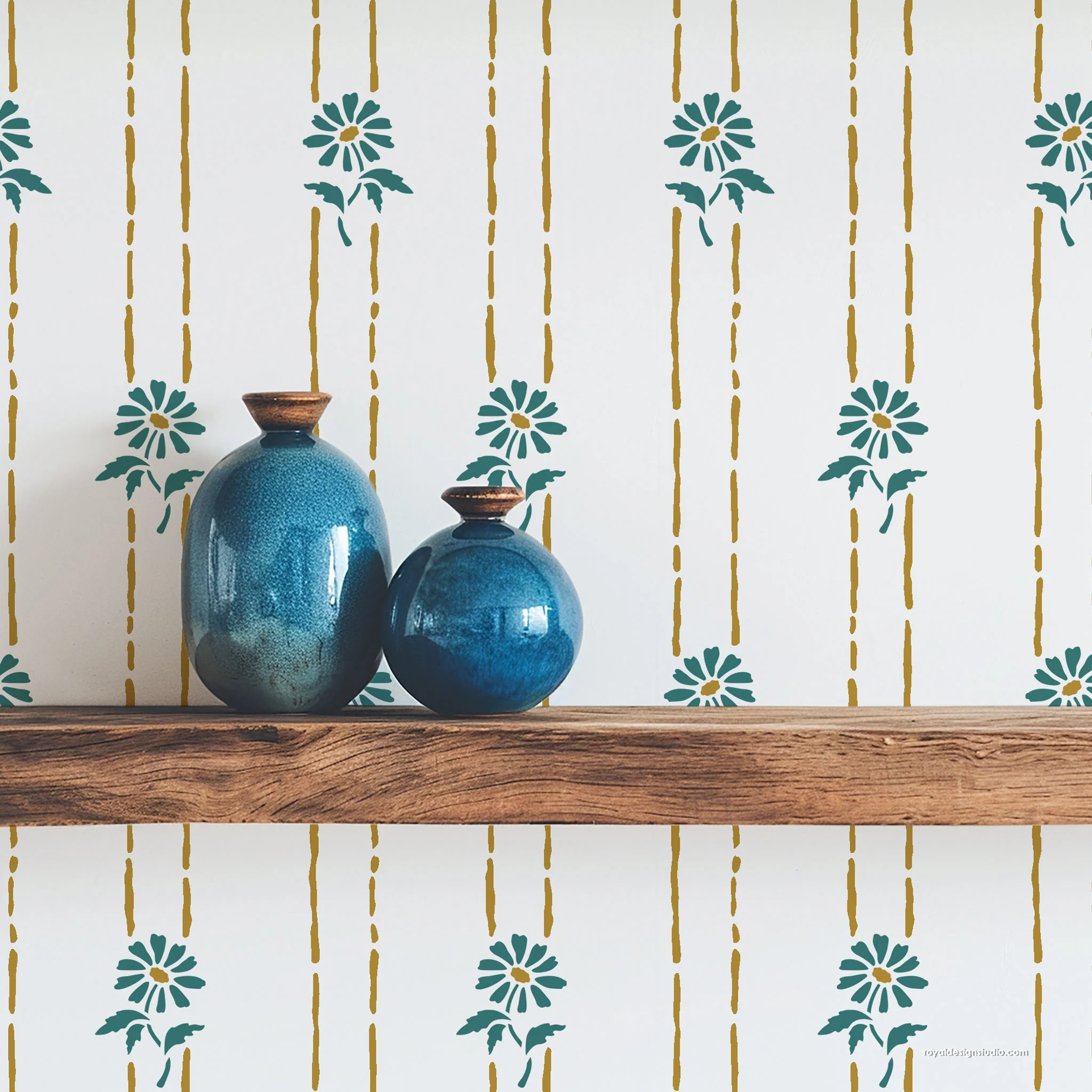 Pretty floral wall stencil in delicate stripe pattern with daisies