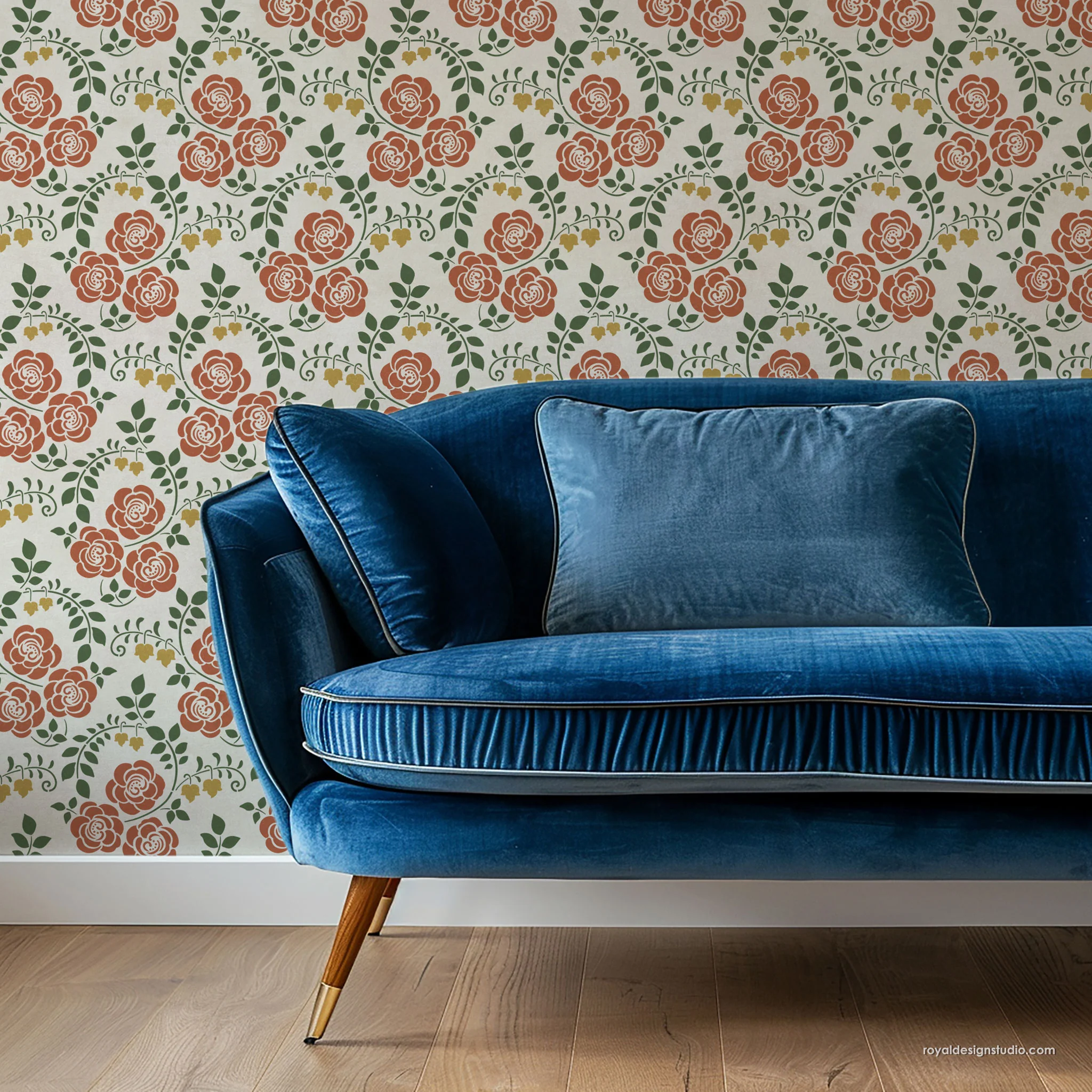 Floral wall stencil in Art Nouveau vintage style painted on wall
