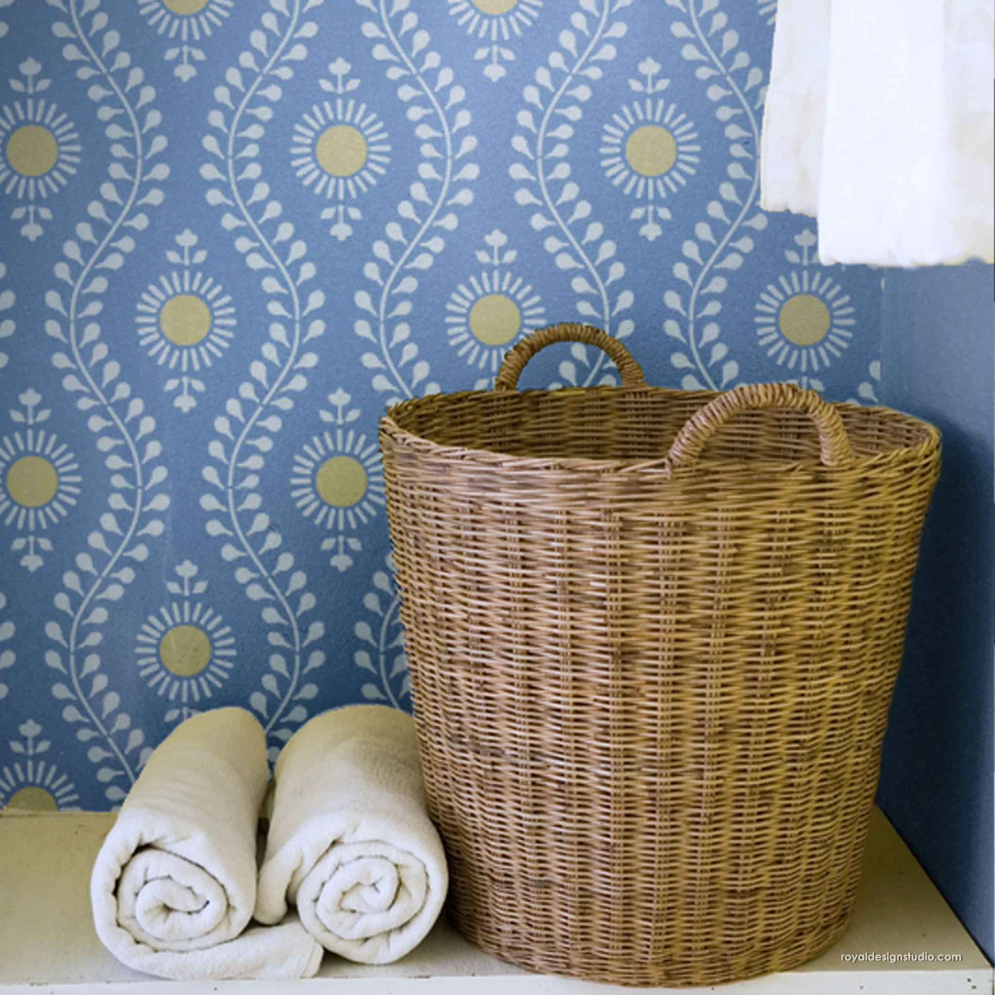 Indian block print pattern wallpaper look with wall stencil