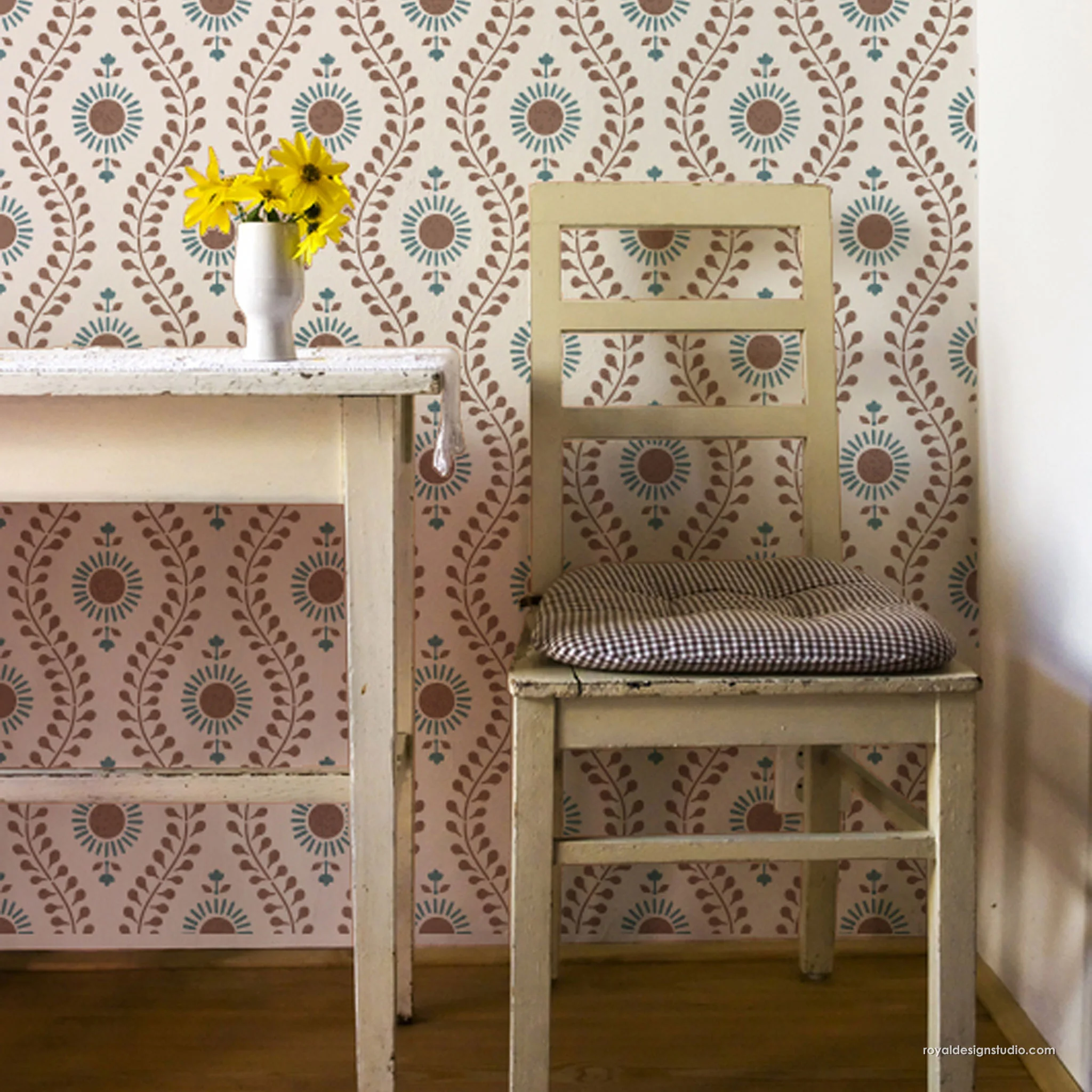 Boho cottage stencil interior using block print pattern